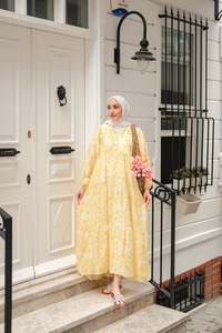 Sulu Boya Çicek Desen Elbise Sarı