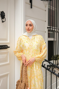 Sulu Boya Çicek Desen Elbise Sarı