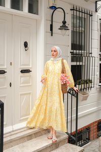 Sulu Boya Çicek Desen Elbise Sarı