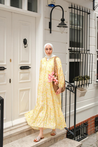 Sulu Boya Çicek Desen Elbise Sarı