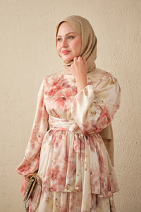 Sulu Boya Çiçek Desen Saten Elbise Somon