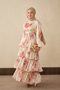 Sulu Boya Çiçek Desen Saten Elbise Somon