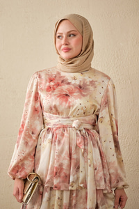 Sulu Boya Çiçek Desen Saten Elbise Somon