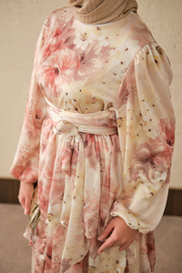 Sulu Boya Çiçek Desen Saten Elbise Somon