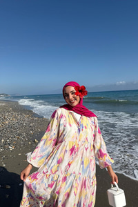 Sulu Boya Desen Elbise Fuşya