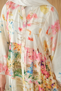 Sulu Boya Desen Elbise Krem