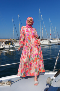 Sulu Boya Desen Elbise  Turuncu