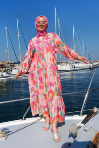 Sulu Boya Desen Elbise  Turuncu