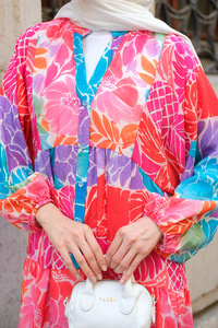 Sulu Boya Etkili Çicek Desenli Elbise Fuşya