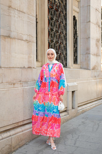 Sulu Boya Etkili Çicek Desenli Elbise Fuşya