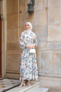 Sulu Boya Papatya Desen Elbise Mavi