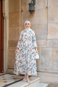 Sulu Boya Papatya Desen Elbise Mavi