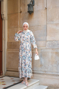 Sulu Boya Papatya Desen Elbise Mavi