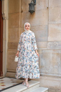 Sulu Boya Papatya Desen Elbise Mavi