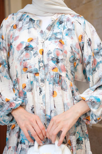 Sulu Boya Papatya Desen Elbise Mavi