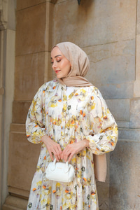 Sulu Boya Papatya Desen Elbise Sarı