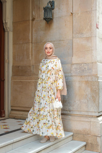 Sulu Boya Papatya Desen Elbise Sarı