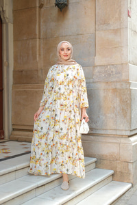 Sulu Boya Papatya Desen Elbise Sarı