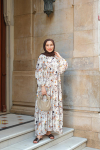 Sulu Boya Papatya Desen Elbise Vizon