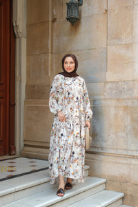 Sulu Boya Papatya Desen Elbise Vizon