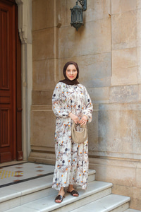 Sulu Boya Papatya Desen Elbise Vizon