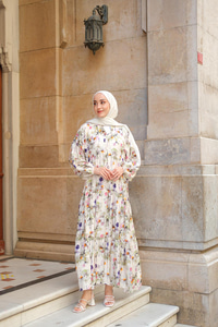 Sulu Boya Papatya Desen Elbise Yeşil