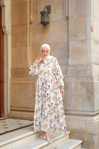 Sulu Boya Papatya Desen Elbise Yeşil