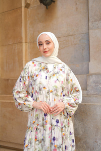 Sulu Boya Papatya Desen Elbise Yeşil