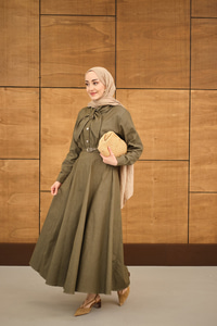 Süs Dikiş Detay Kemerli Elbise Haki Yeşil