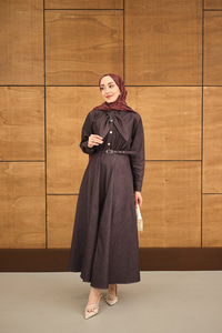 Süs Dikiş Detay Kemerli Elbise Mürdüm