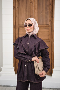 Süs Dikiş Detaylı Omuzları Fırfırlı Pantolonlu Kot Takım Mor