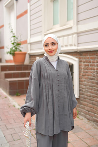 Süs Dikişli Büzgülü Takım  Antrasit