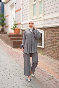 Süs Dikişli Büzgülü Takım  Antrasit