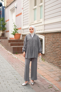 Süs Dikişli Büzgülü Takım  Antrasit