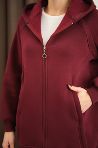 Süveter Detay Kapüşonlu Hırka Bordo
