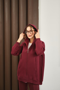 Süveter Detay Kapüşonlu Hırka Bordo