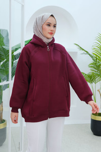 Süveter Detay Kapüşonlu Hırka Bordo