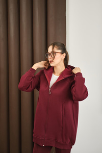 Süveter Detay Kapüşonlu Hırka Bordo