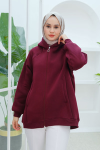 Süveter Detay Kapüşonlu Hırka Bordo