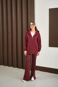 Süveter Detay Kapüşonlu Hırka Bordo