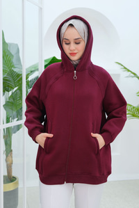 Süveter Detay Kapüşonlu Hırka Bordo
