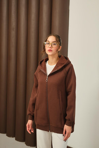 Süveter Detay Kapüşonlu Hırka Kahverengi