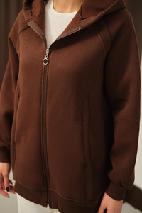 Süveter Detay Kapüşonlu Hırka Kahverengi