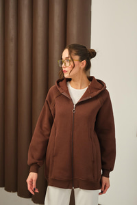 Süveter Detay Kapüşonlu Hırka Kahverengi
