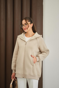 Süveter Detay Kapüşonlu Hırka Krem