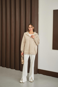 Süveter Detay Kapüşonlu Hırka Krem