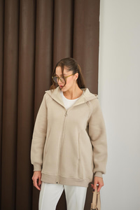 Süveter Detay Kapüşonlu Hırka Krem