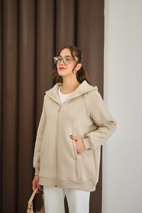 Süveter Detay Kapüşonlu Hırka Krem