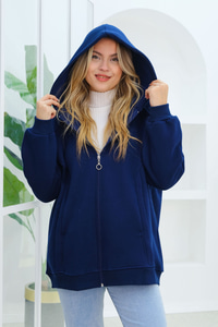 Süveter Detay Kapüşonlu Hırka Lacivert