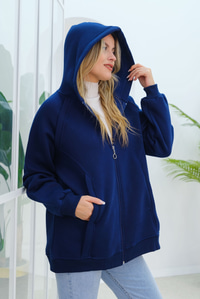 Süveter Detay Kapüşonlu Hırka Lacivert